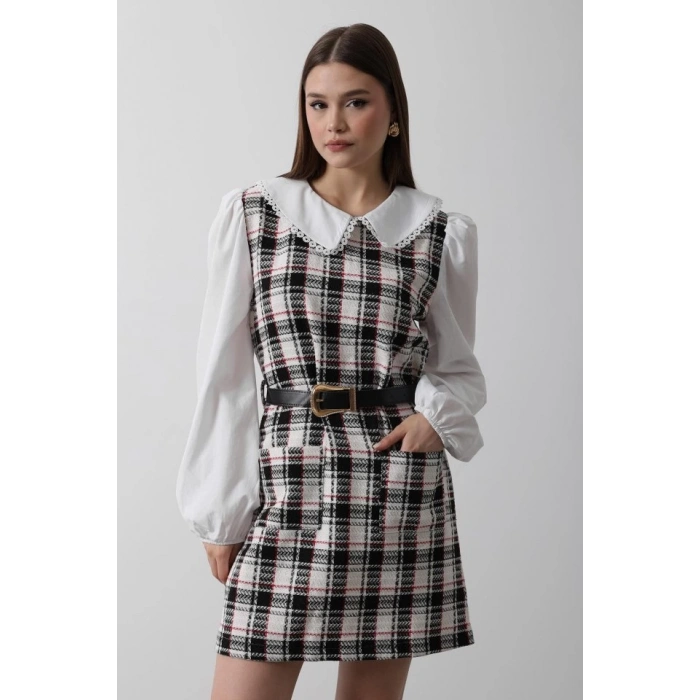 Ekoseli Gömlek Detaylı Elbise - Siyah