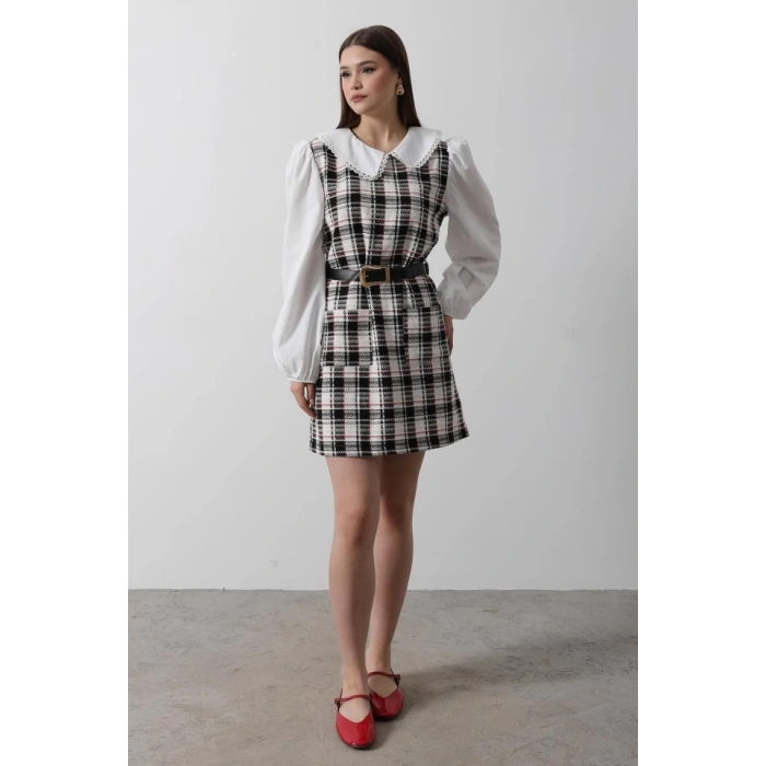 Ekoseli Gömlek Detaylı Elbise - Siyah