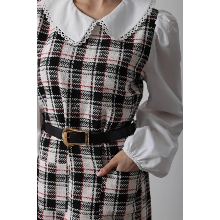 Ekoseli Gömlek Detaylı Elbise - Siyah