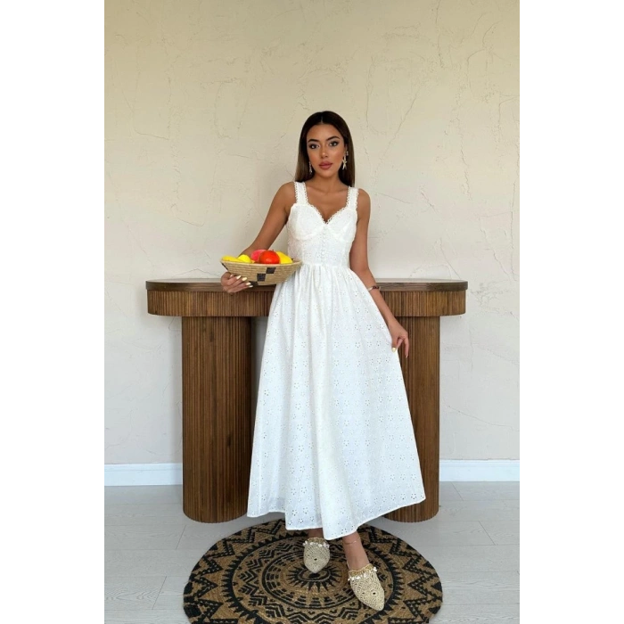 Ekru Dantel Detaylı Askılı Elbise