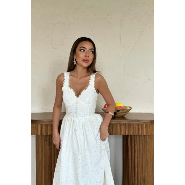 Ekru Dantel Detaylı Askılı Elbise