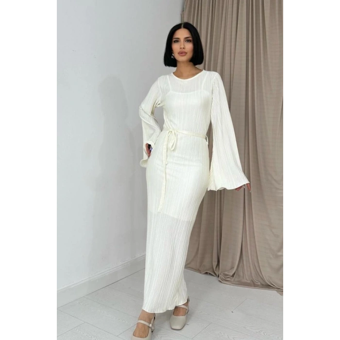 Ekru İspanyol Kol Piliseli Elbise