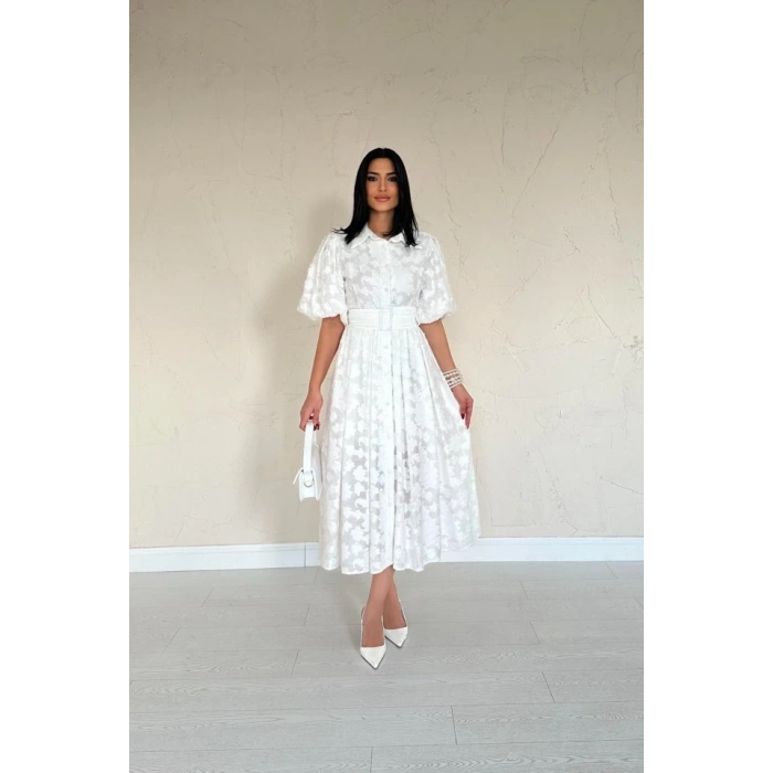 Ekru Kemerli Balon Kollu Elbise