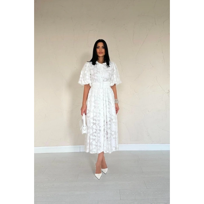 Ekru Kemerli Balon Kollu Elbise