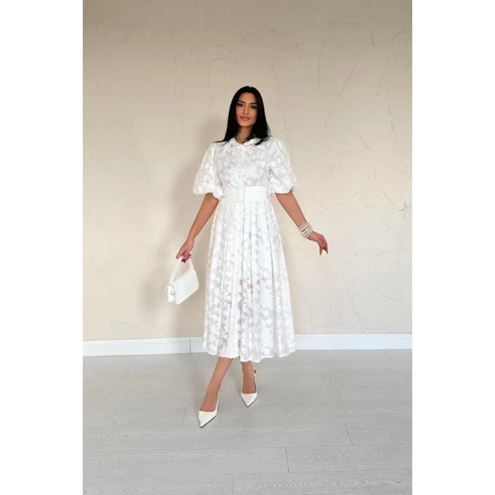 Ekru Kemerli Balon Kollu Elbise