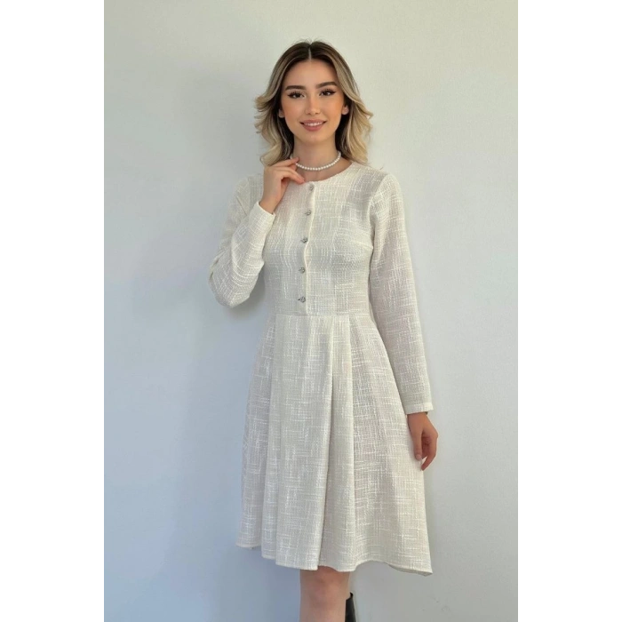 Ekru Kısa Klasik Elbise