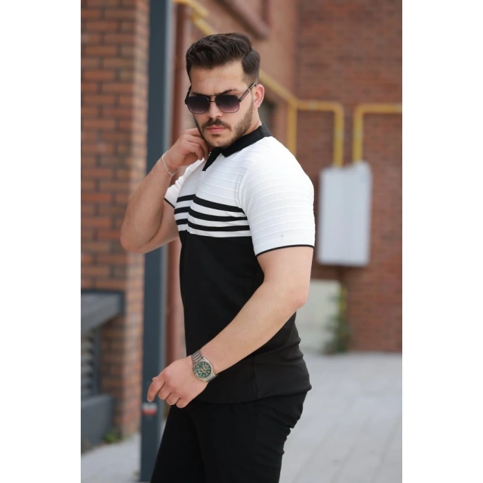 Erkek çizgi Desenli Yakalı Kısa Kollu T-shirt