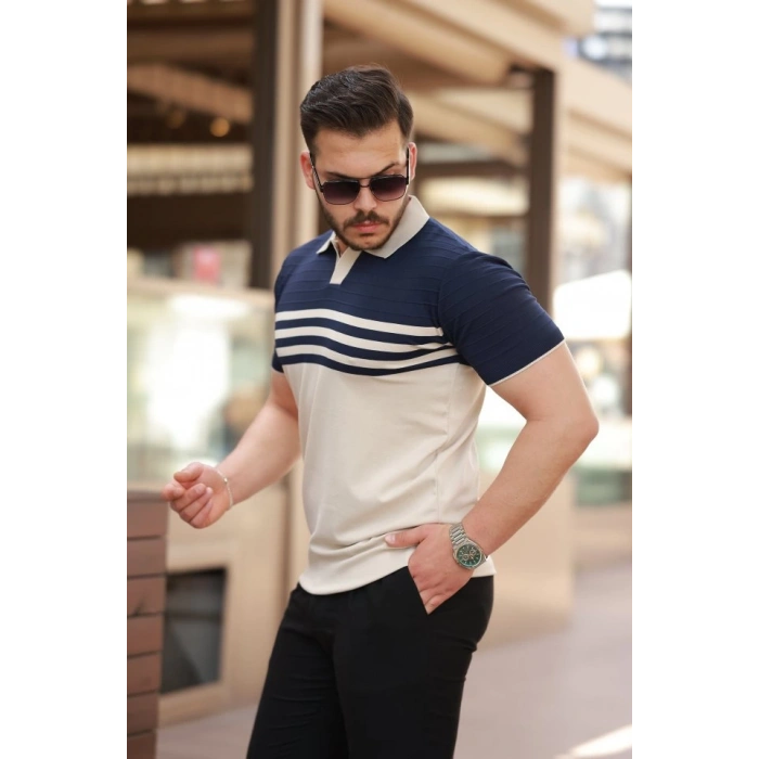 Erkek çizgi Desenli Yakalı Kısa Kollu T-shirt