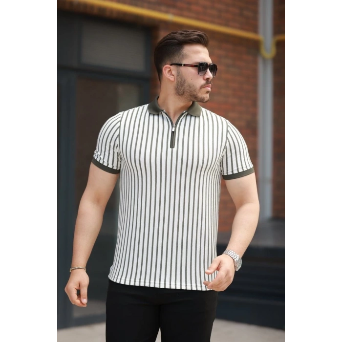 Erkek çizgili Fermuar Yakalı Kısa Kollu Tişört