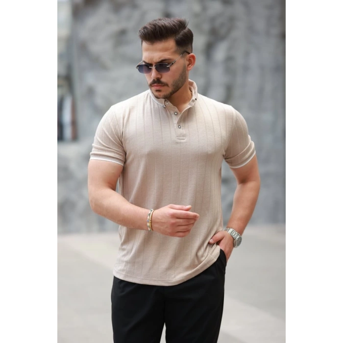 Erkek Düğme Yakalı Jakar Kumaş Kısa Kollu Tişört