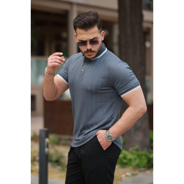 Erkek Düğme Yakalı Jakar Kumaş Kısa Kollu Tişört