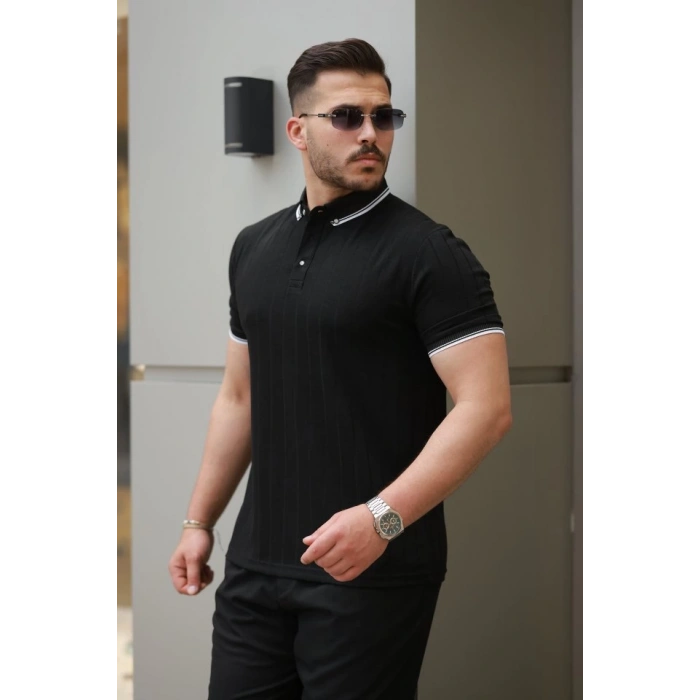 Erkek Düğme Yakalı Jakar Kumaş Kısa Kollu Tişört