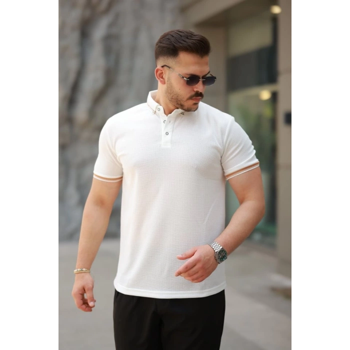 Erkek Düğmeli Yaka Waffle Kumaş Kısa Kollu Tişört