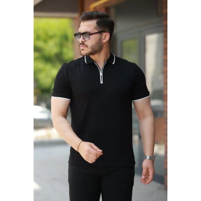 Erkek Fermuar Yakalı çizgi Detaylı Oysho Kumaş Kısa Kollu Tişört