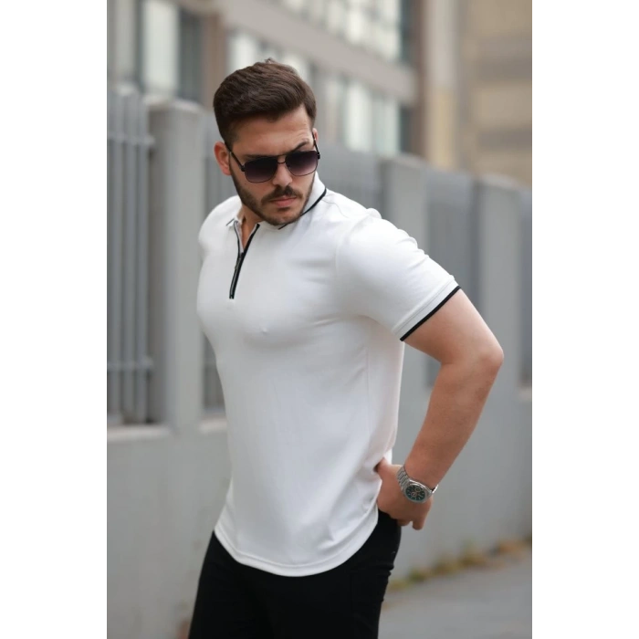 Erkek Fermuar Yakalı çizgi Detaylı Oysho Kumaş Kısa Kollu Tişört