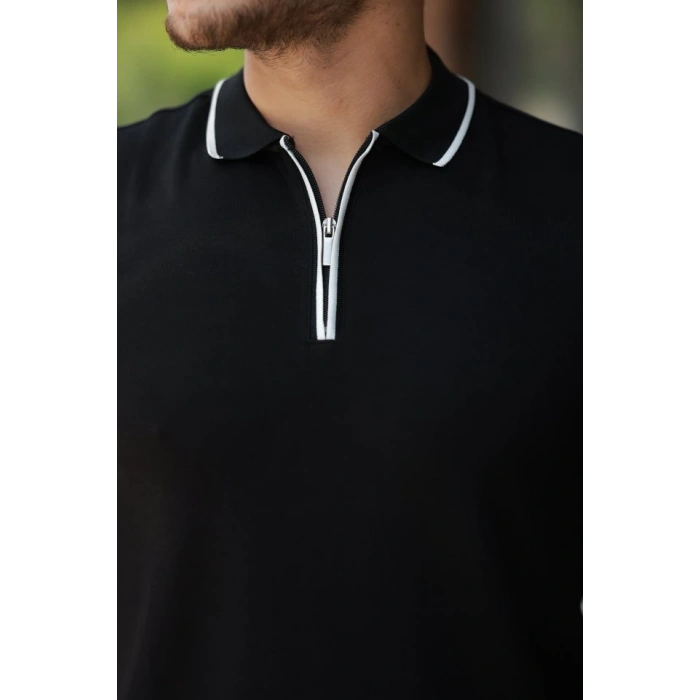 Erkek Fermuar Yakalı çizgi Detaylı Oysho Kumaş Kısa Kollu Tişört