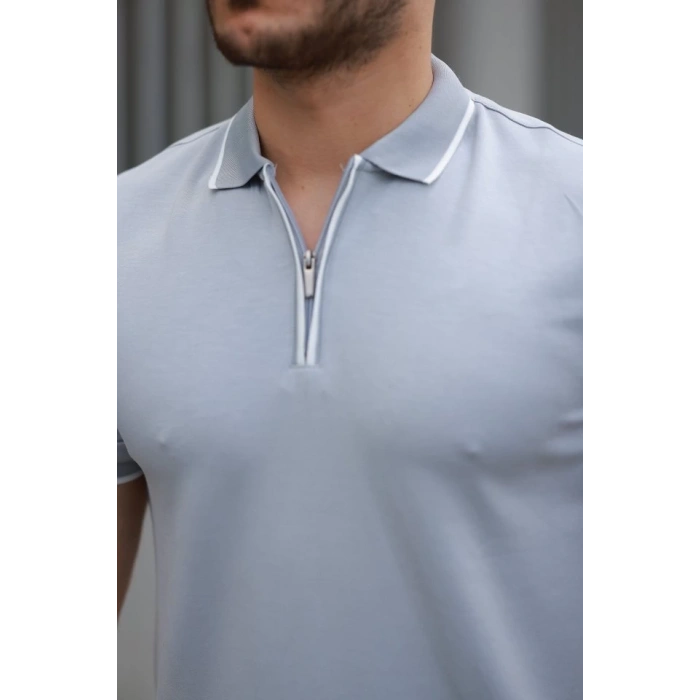 Erkek Fermuar Yakalı çizgi Detaylı Oysho Kumaş Kısa Kollu Tişört