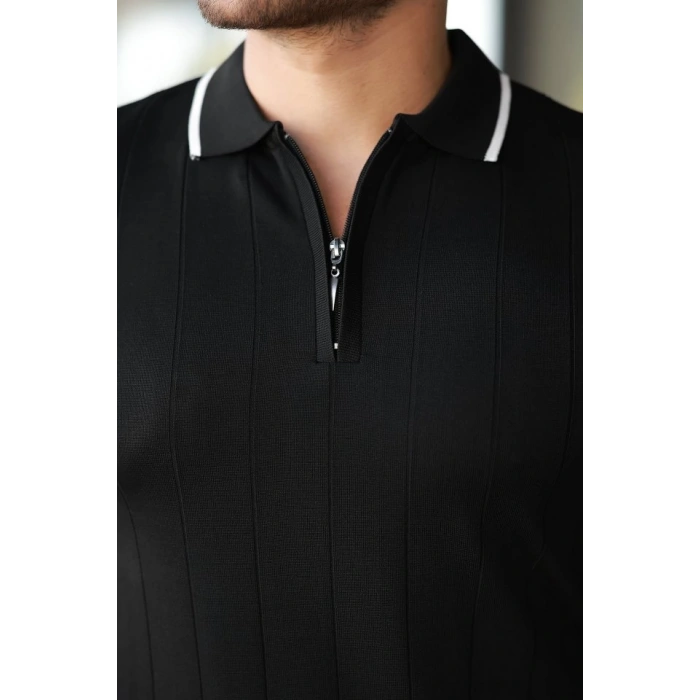 Erkek Fermuar Yakalı çizgi Dokulu Kısa Kollu Tişört