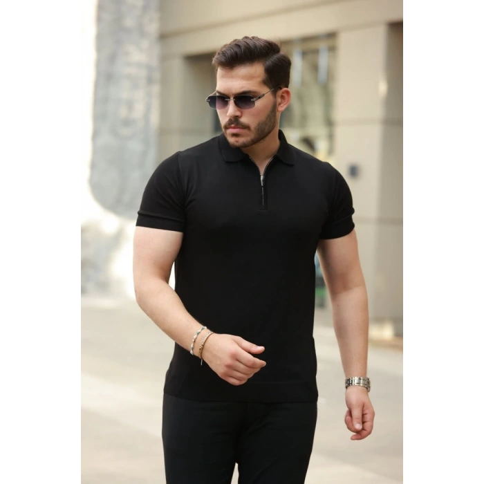 Erkek Fermuar Yakalı Kısa Kollu Tişört