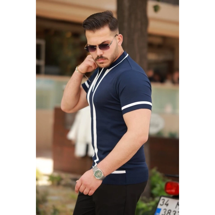 Erkek Fermuar Yakalı şerit Detaylı Kısa Kollu Tişört