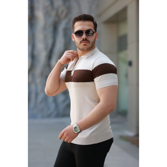 Erkek Fermuar Yakalı şerit Renk Desenli Kısa Kollu Tişört