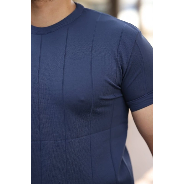 Erkek Ince çizgi Dokulu Bisiklet Yaka Kısa Kollu T-shirt