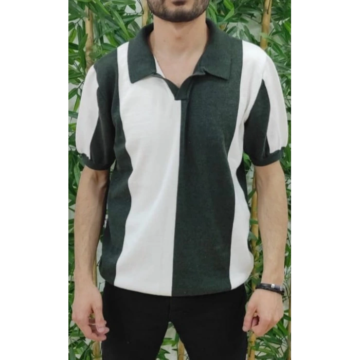 Erkek Kısa Kollu Polo Yakalı Blok Desenli Triko Bluz