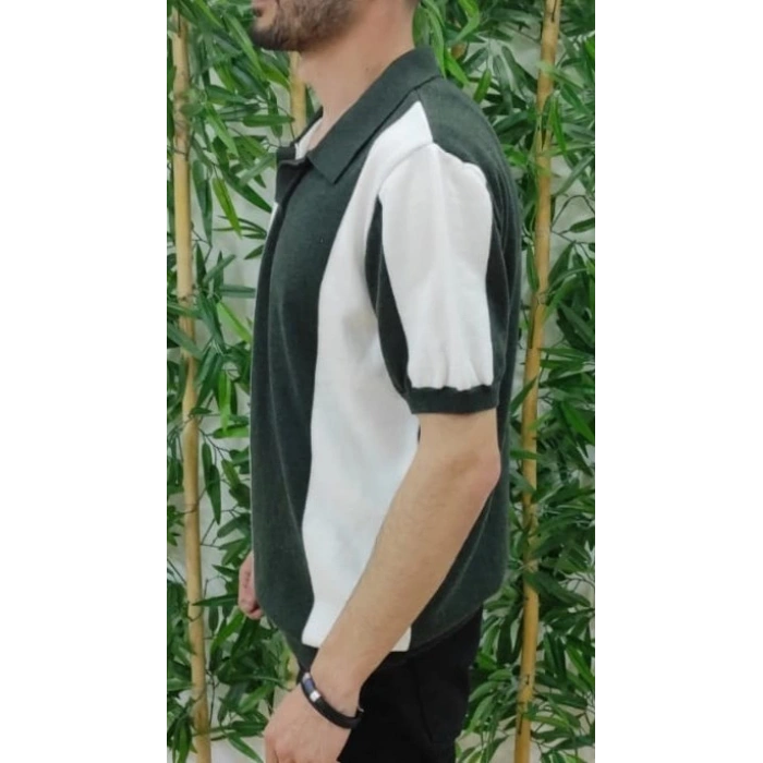 Erkek Kısa Kollu Polo Yakalı Blok Desenli Triko Bluz