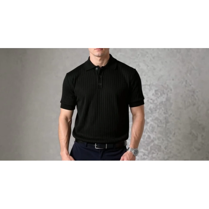 Erkek Kısa Kollu Yakalı Yakadan Düğmeli Triko Bluz