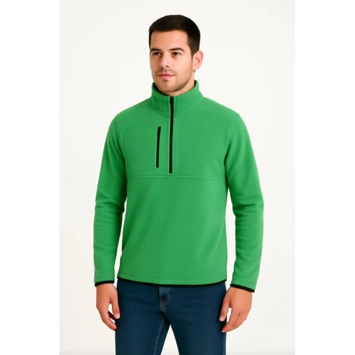 Erkek Polar Kazak – Dik Yaka, Yarım Fermuarlı, Fermuarlı Göğüs Cepli, Siyah Biyeli, Kışlık Rahat Regular Fit Günlük Model - Yeşil