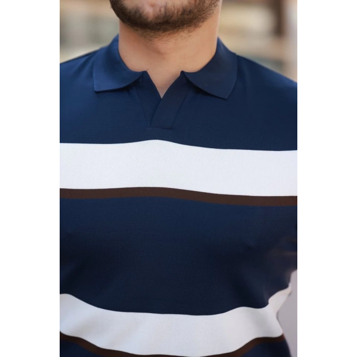 Erkek şerit Desenli Hemşire Yaka Kısa Kollu Tişört