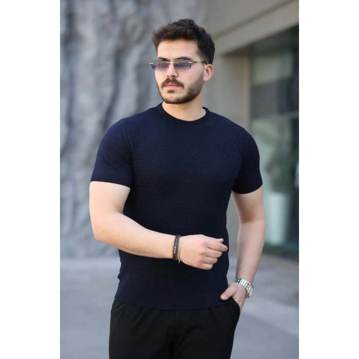 Erkek Viskon Kumaş Bisiklet Yaka Desenli Tişört