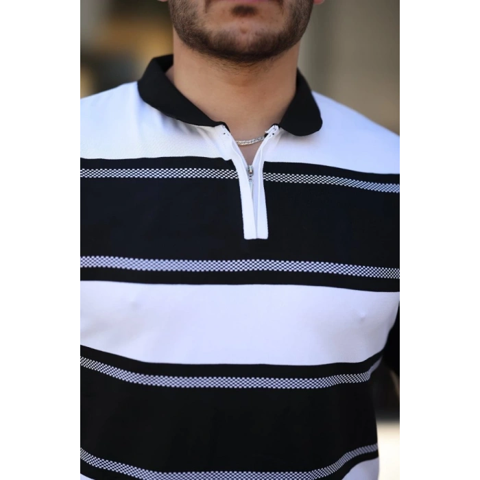 Erkek Yakalı Fermuarlı çift Renk Kısa Kollu T-shirt