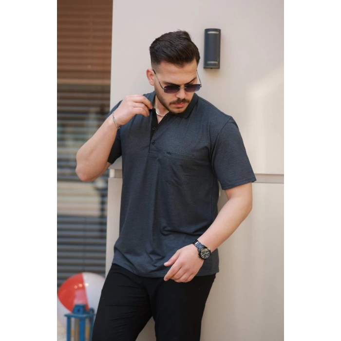 Erkek Yakalı Mini Jakarlı Kısa Kollu T-shirt