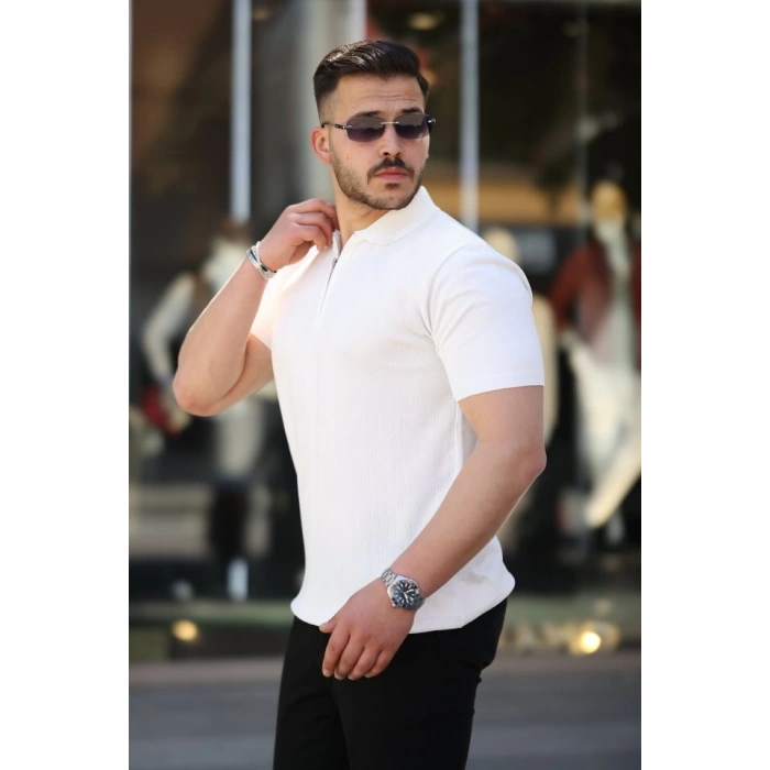 Erkek Yakası Fermuarlı Kısa Kollu T-shirt