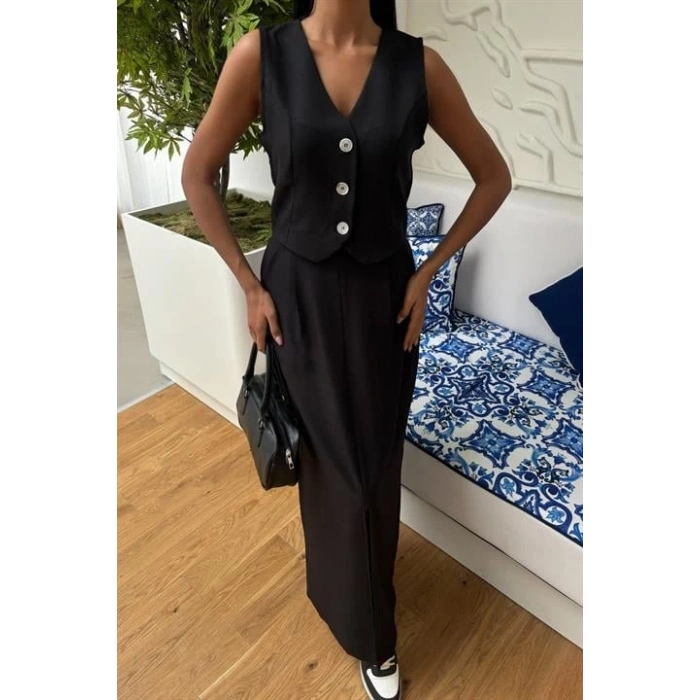 Etek Yırtmaçlı Yelekli Keten Takım 10131