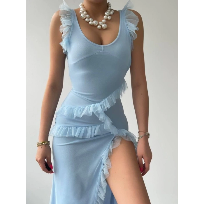 Felix Yırtmaçlı Midi Tül Elbise