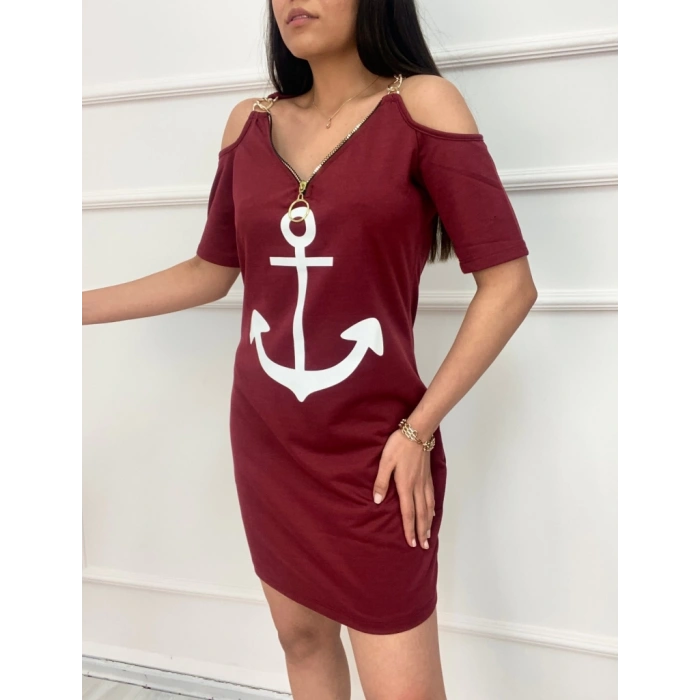 Fermuar Detay çıpa Baskılı Zincir Askılı Iki Iplik Elbise - Bordo