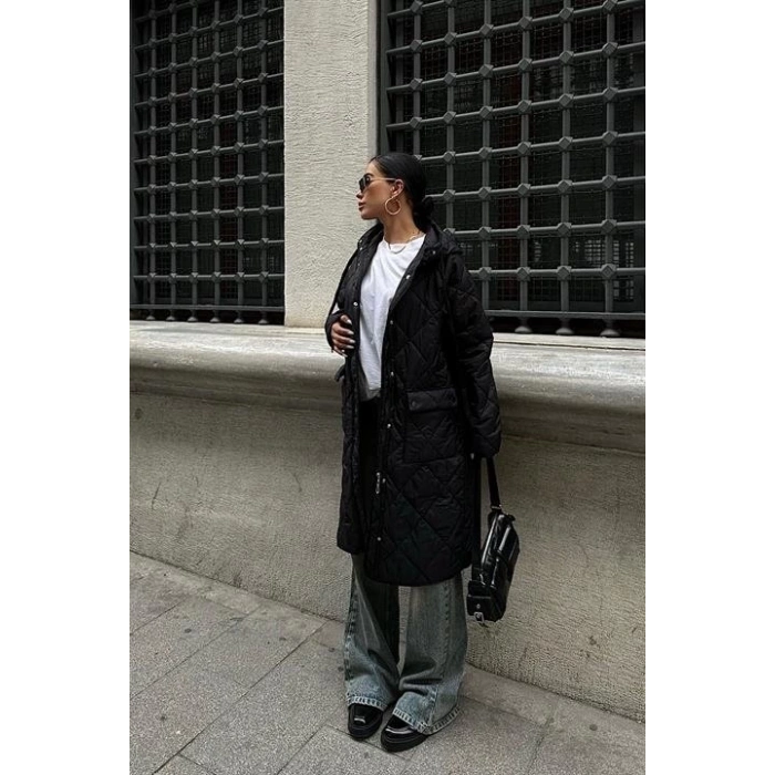 Fermuar Ve Kapşonlu Uzun Kapitone Mont 7062