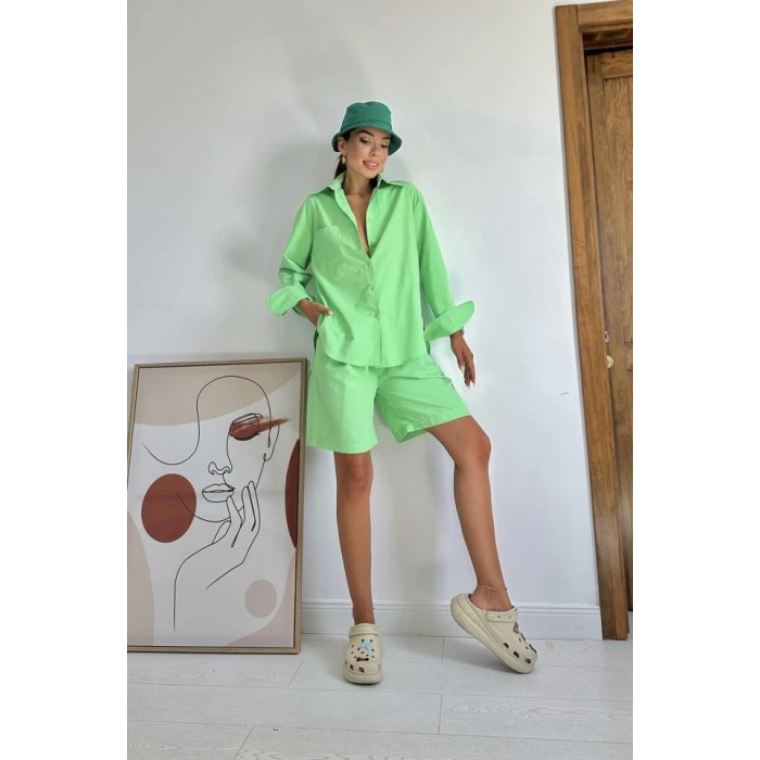 Fıstık Yeşili Önü Cepli Gömlek Ve Şort Takım