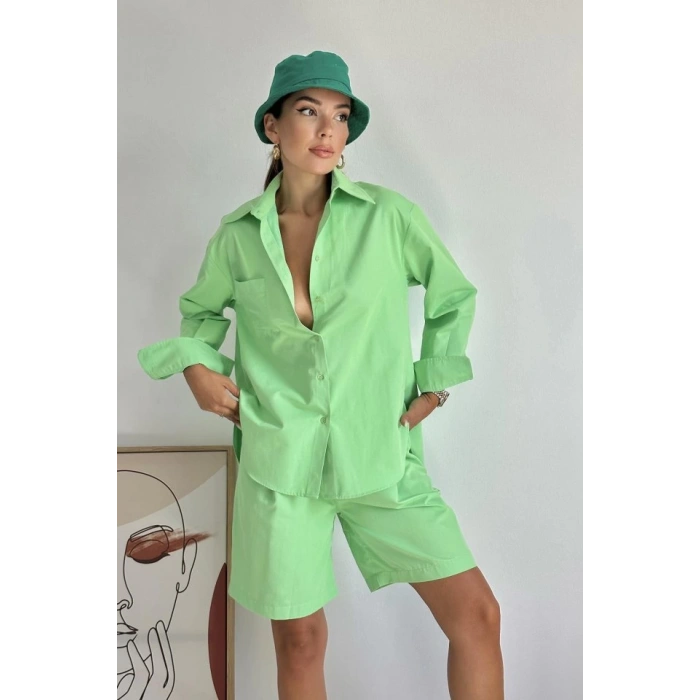 Fıstık Yeşili Önü Cepli Gömlek Ve Şort Takım