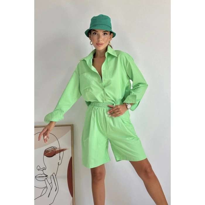 Fıstık Yeşili Önü Cepli Gömlek Ve Şort Takım