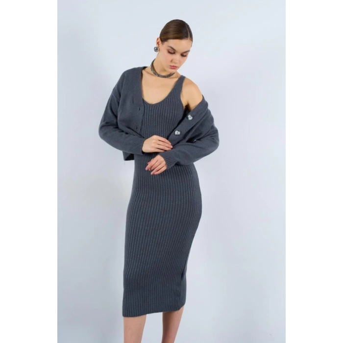 Fitilli Elbise Hırkalı Takım - Füme