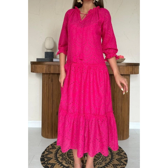 Fuşya Dantelli New Elbise