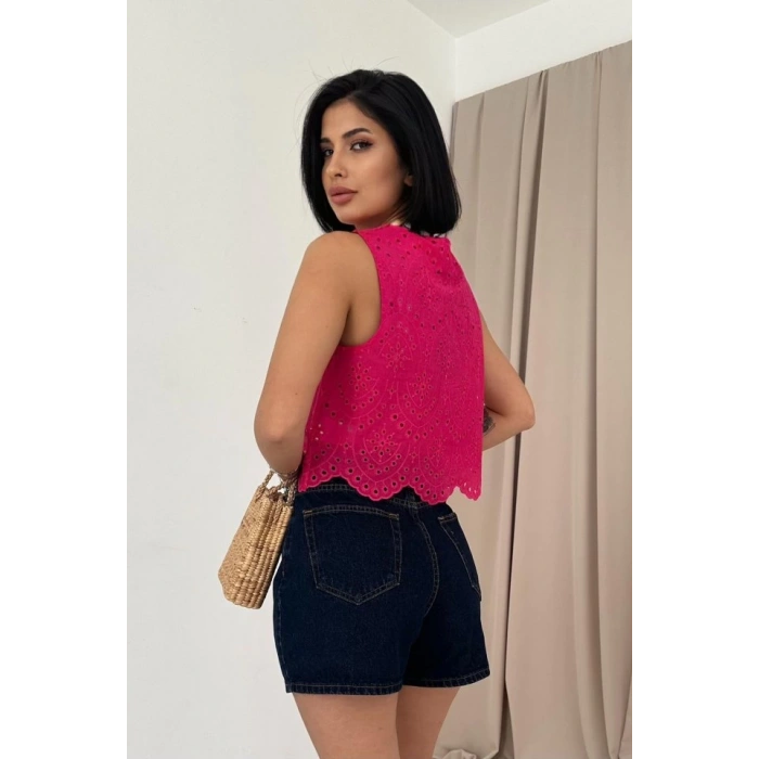Fuşya Sıfır Kol Brode Bluz