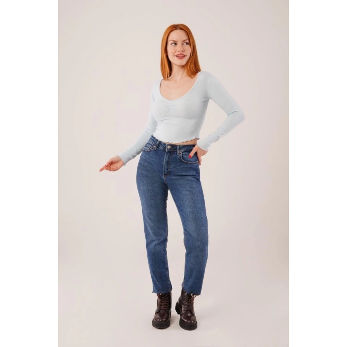 Geniş Yaka Bebe Mavisi Basic Body Bluz