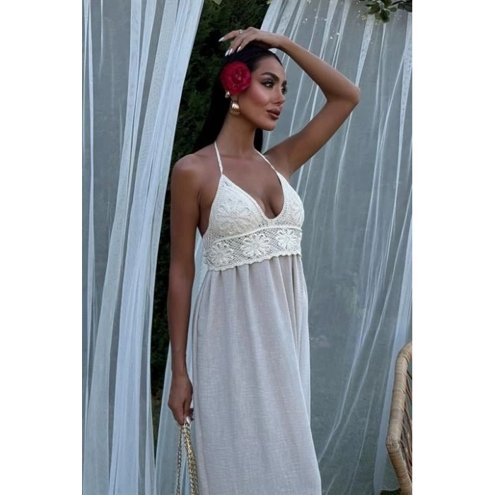 Göğsü Trikolu Keten Uzun Elbise 2904-08