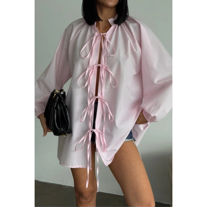 GÖMLEK POPLİN HAKİM YAKA ÖNDEN BAĞLAMA İP DETAYLI - Pembe