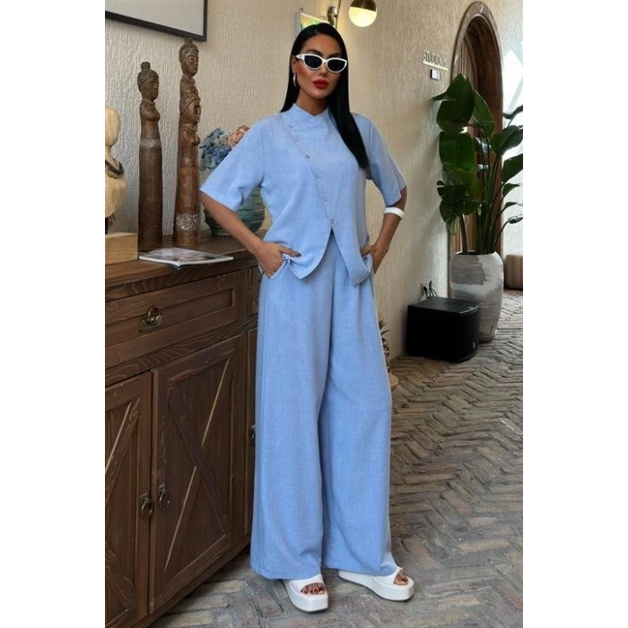 Hakim Yaka Çapraz Düğmeli Plazzo Pantolon Viscon Keten Takım 10091