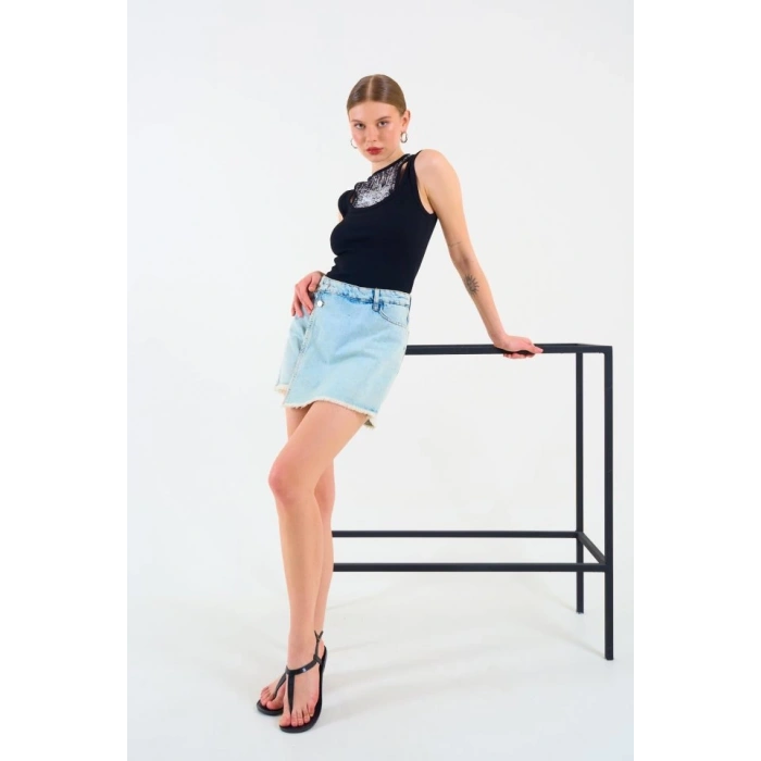 İçi Baskılı Halter Yaka Kaşkorse Atlet - Siyah